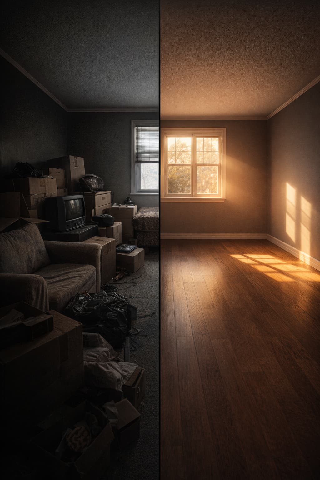 Before and after split of a cluttered spare room transformed into a clean empty space by D-Clutter Junk Removal