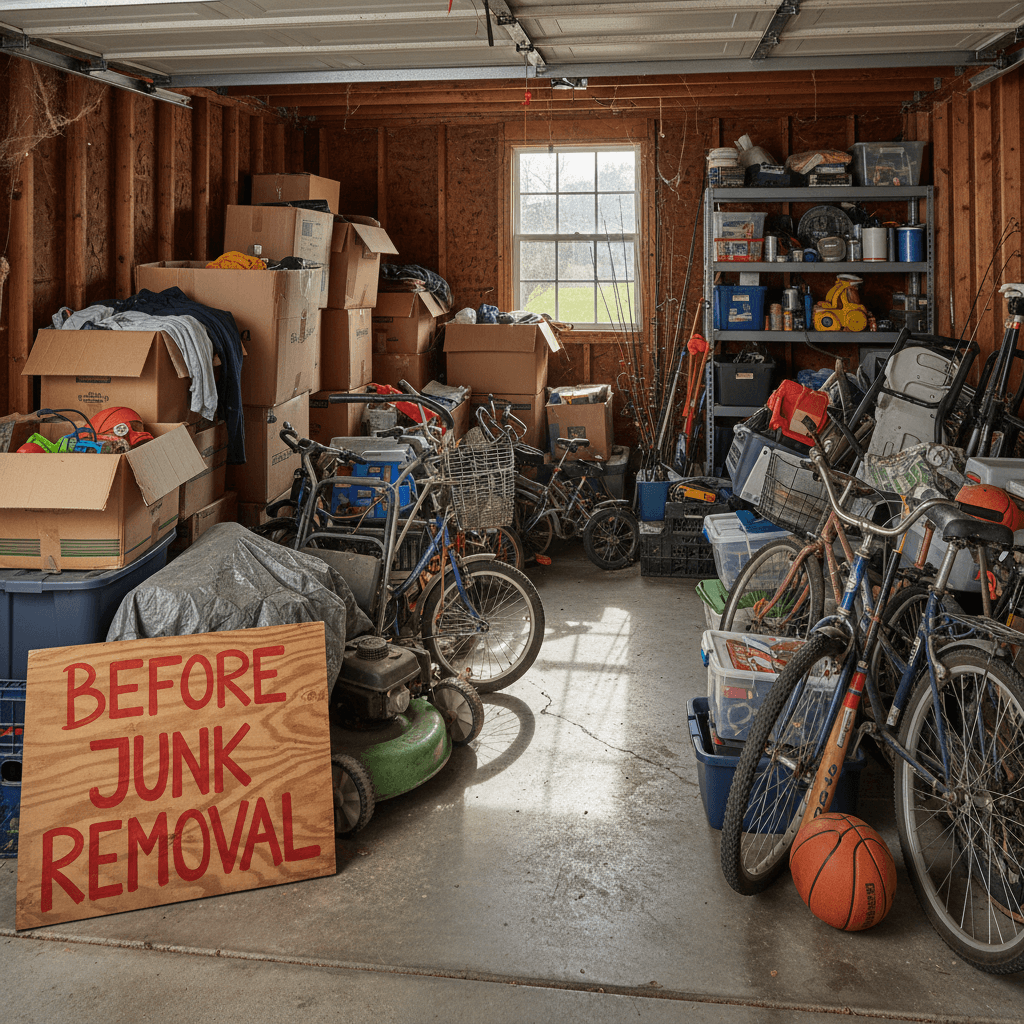 Before junk removal showing heavily cluttered garage space
