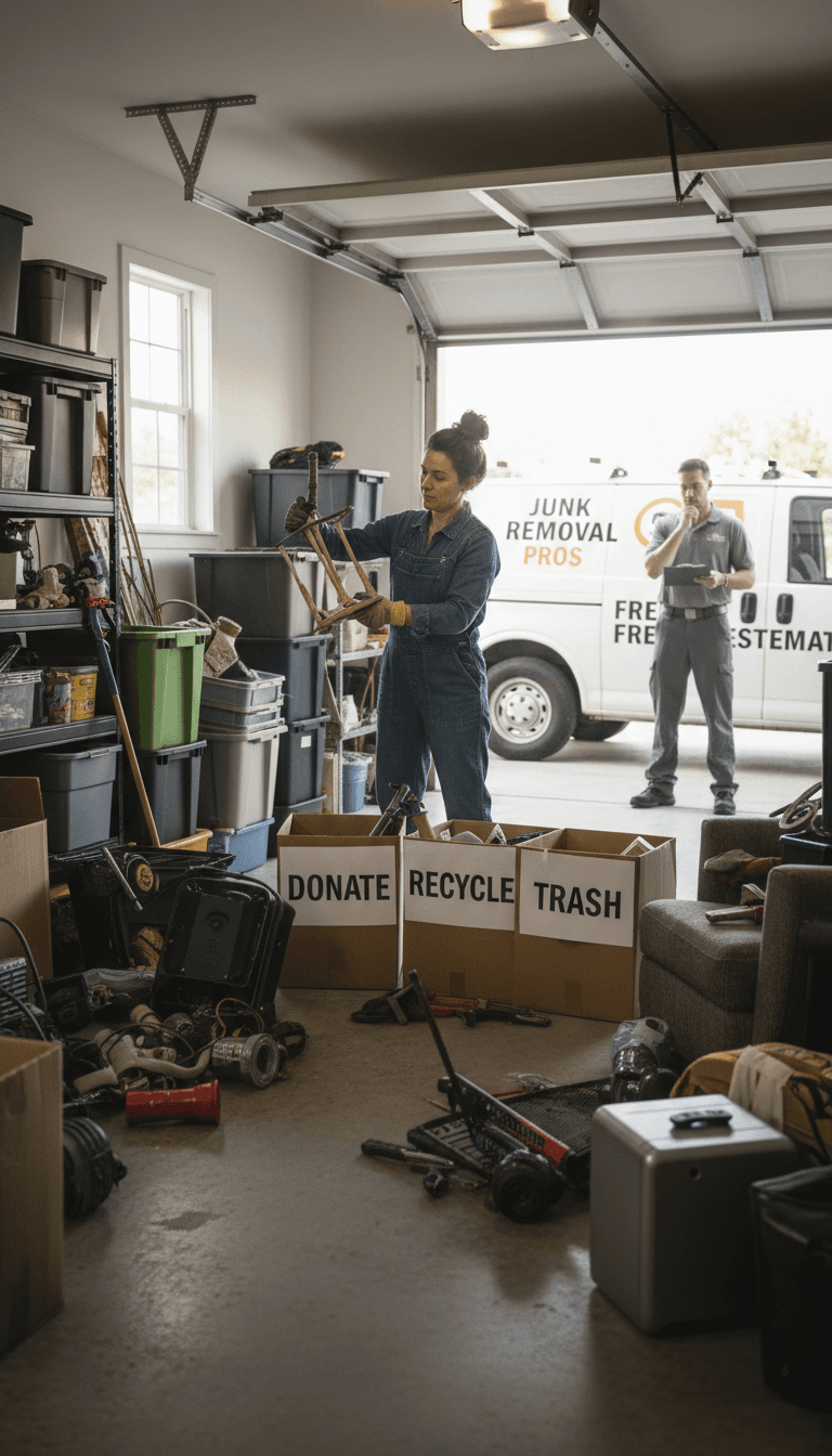 Customer preparing junk items for removal with organized piles