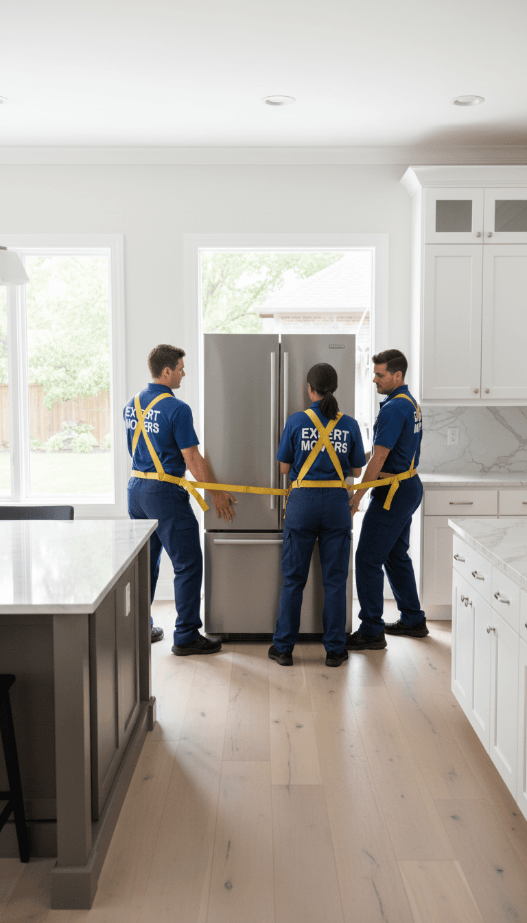 D-Clutter Junk Removal team safely removing a heavy refrigerator from a Los Angeles home