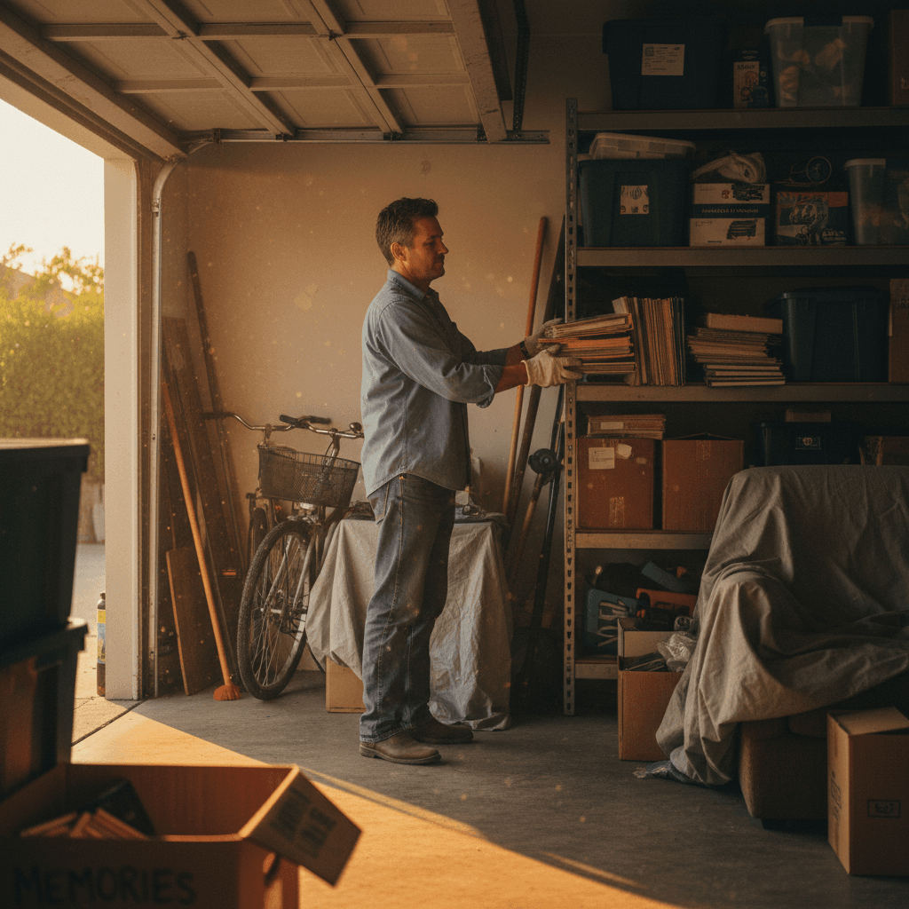 Estate cleanout worker removing belongings from garage