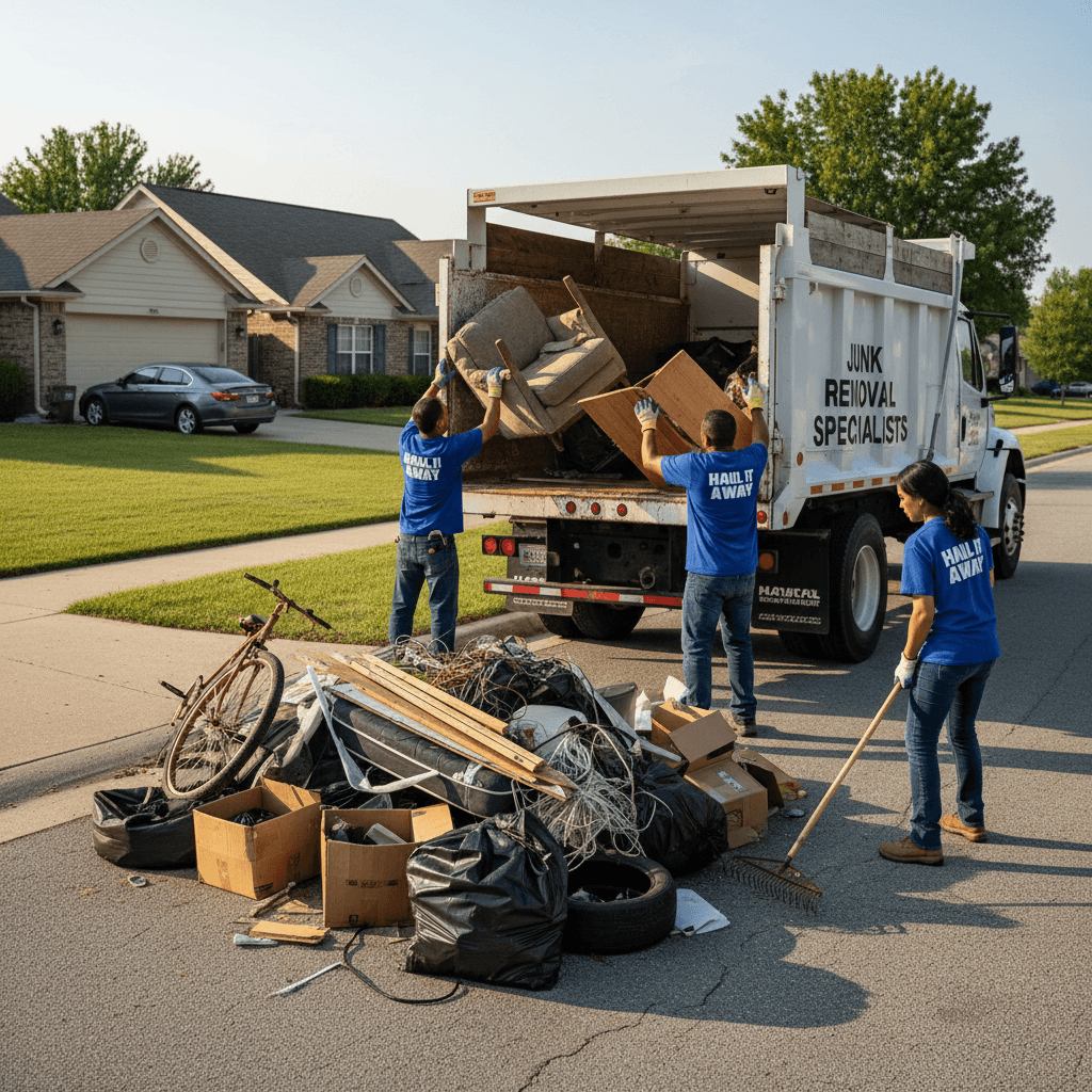 D-Clutter crew efficiently loading junk from curb into removal truck