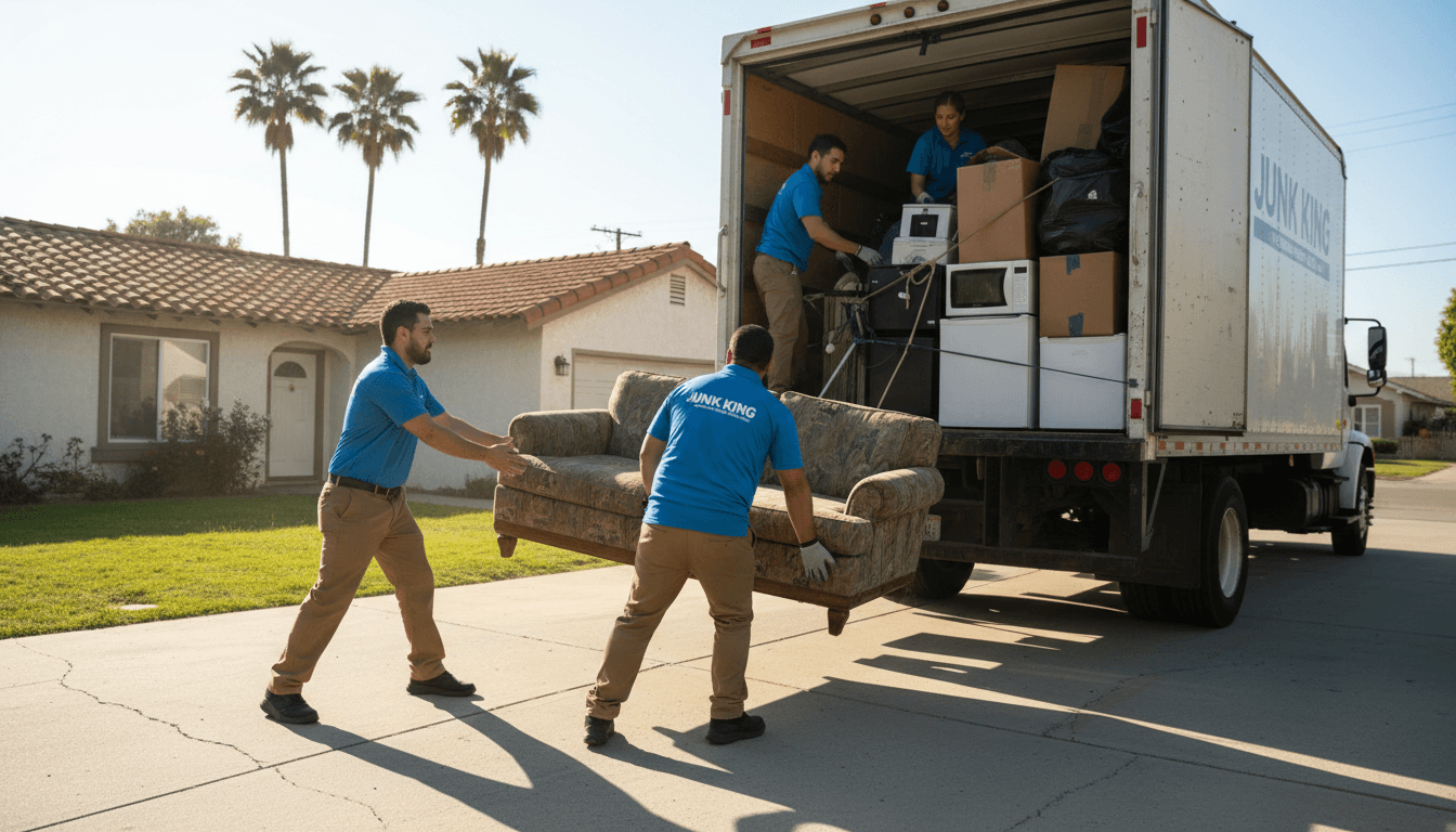 D-Clutter Junk Removal crew loading furniture and household items into a moving truck