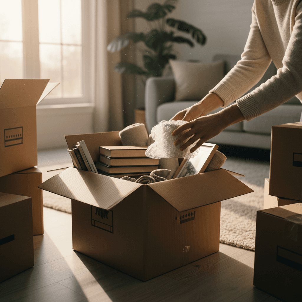 Hands sorting household items into cardboard boxes during a move