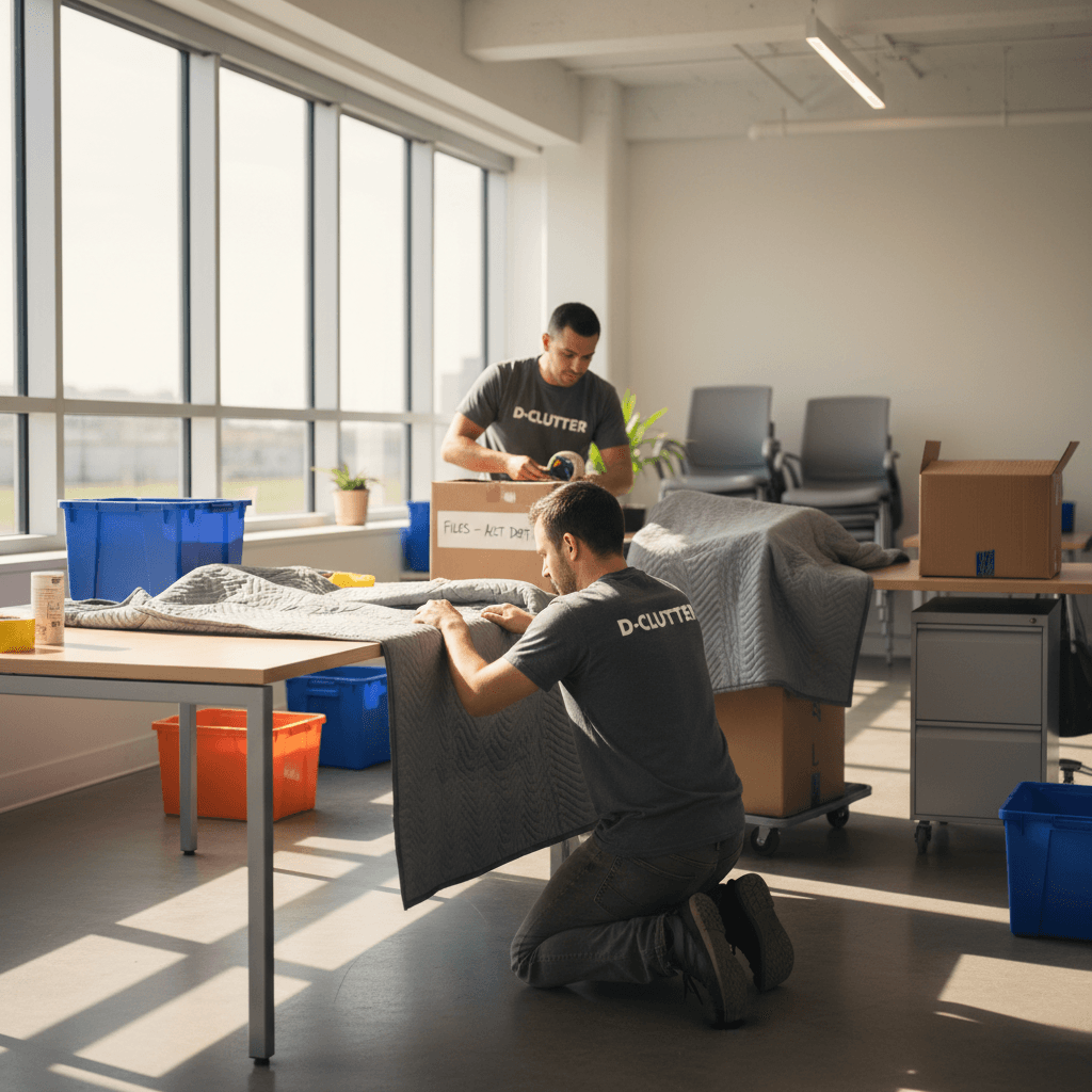 Commercial moving crew wrapping office furniture