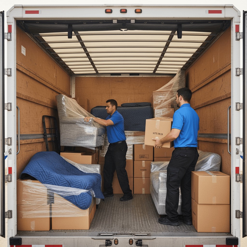 Moving crew efficiently organizing furniture inside truck