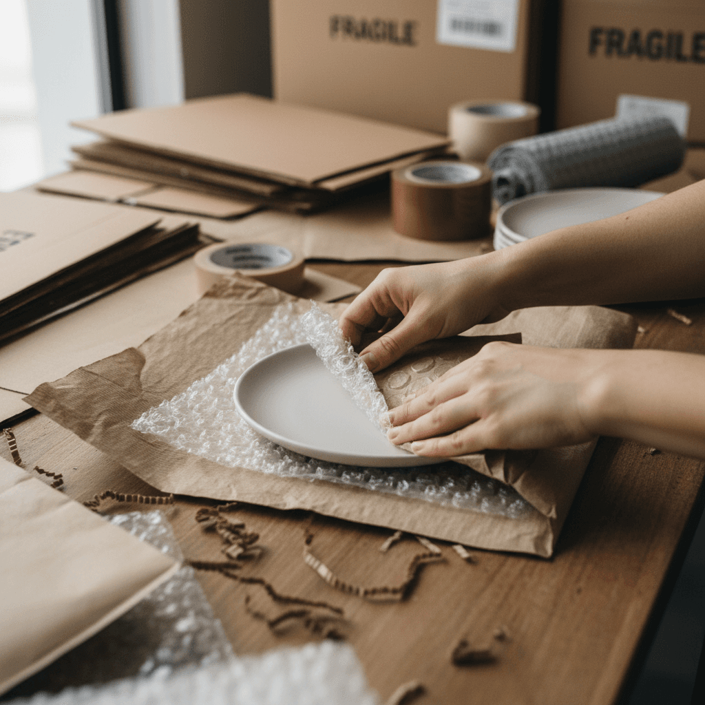 Careful packing of fragile items with protective materials