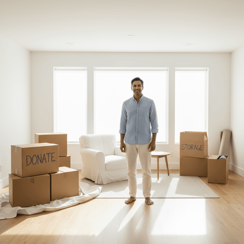 Homeowner standing in organized living room prepared for junk removal service