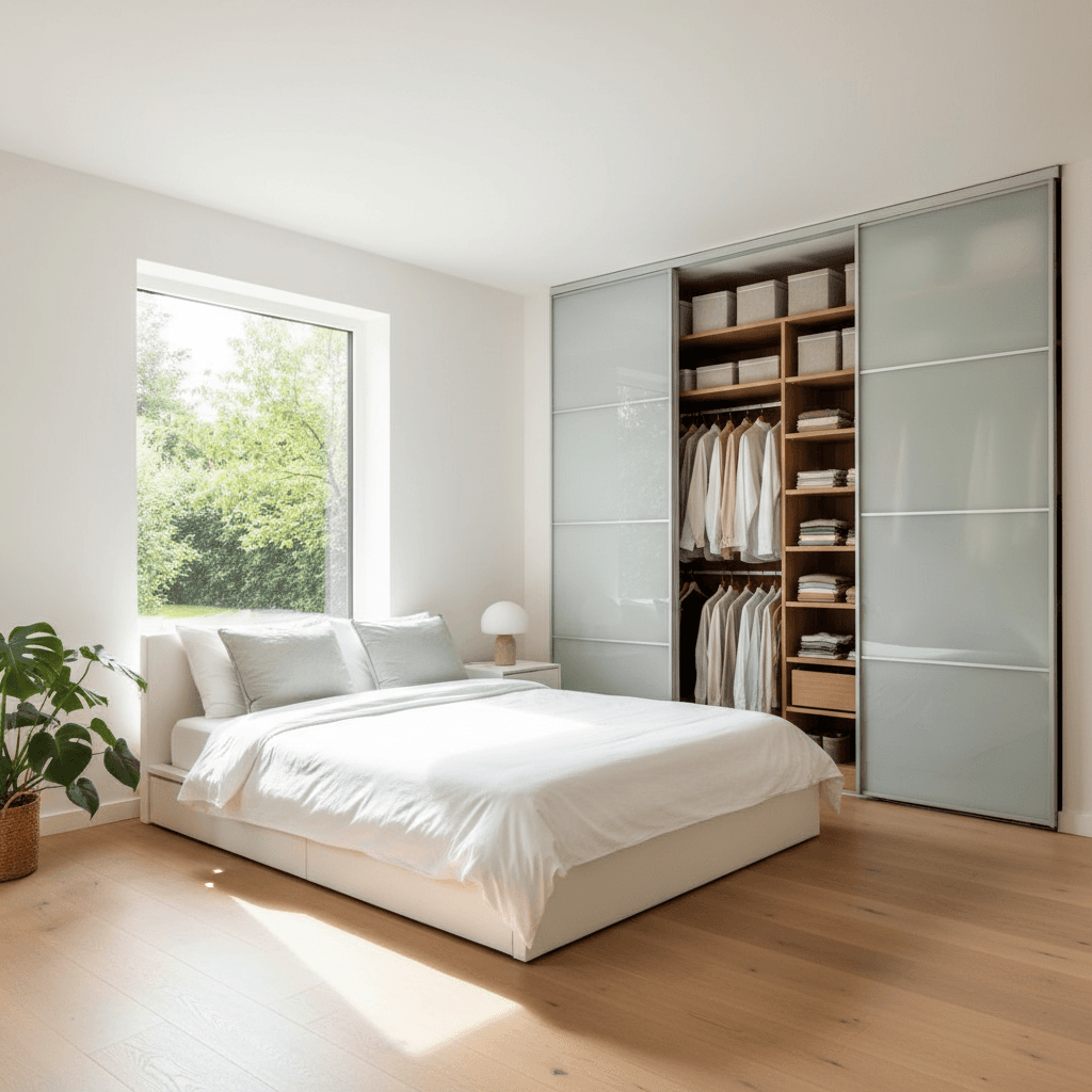 Clean organized bedroom with minimal clutter and natural light