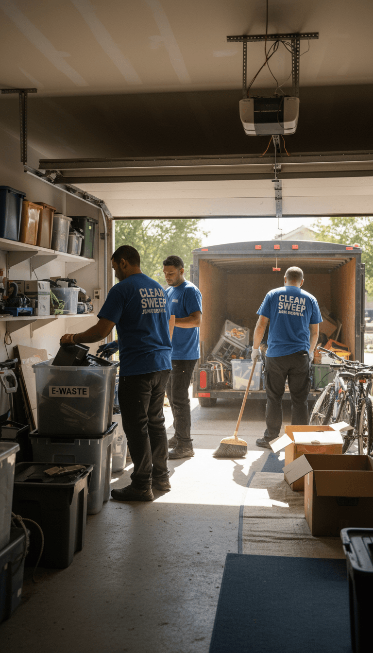 D-Clutter Junk Removal crew organizing items during cleanup service