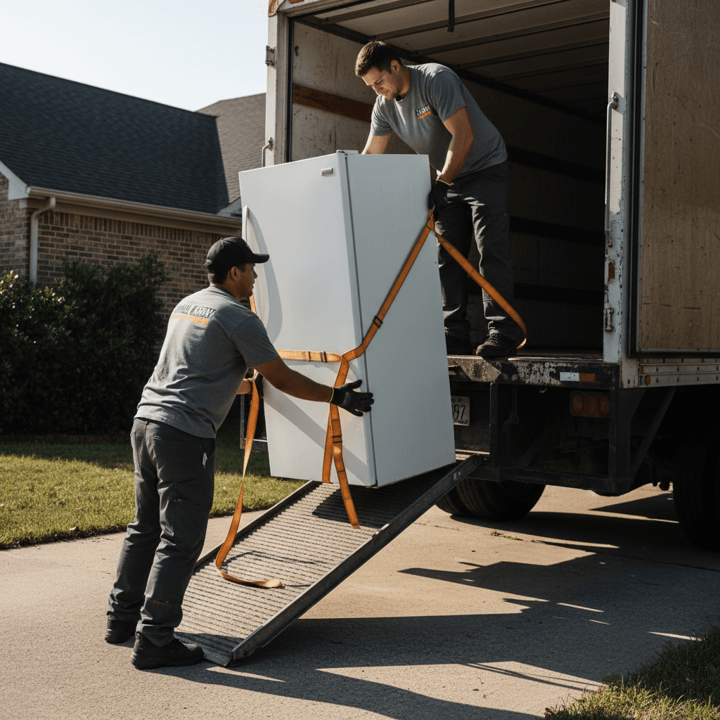Two workers safely loading a large refrigerator into removal truck