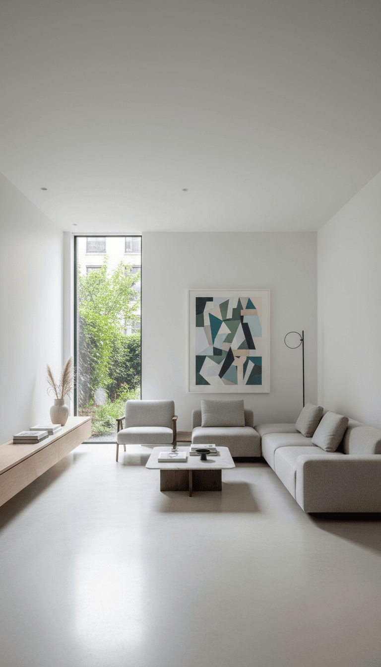 Decluttered living room with open floor space and organized furniture