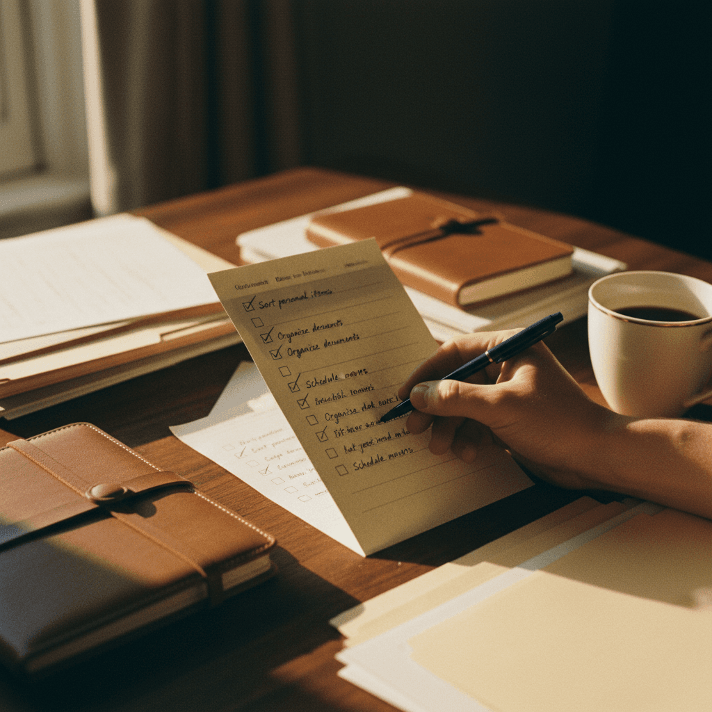 Person reviewing estate cleanout checklist at wooden desk with planning materials