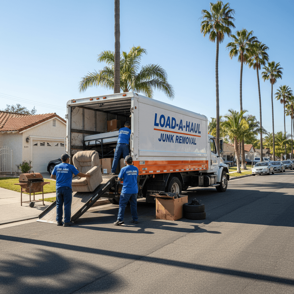 D-Clutter junk removal truck and crew at Los Angeles home