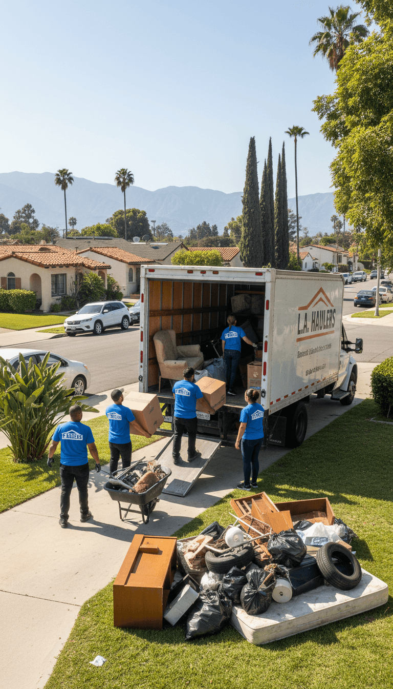 Professional junk removal crew efficiently loading items into truck at a residential property