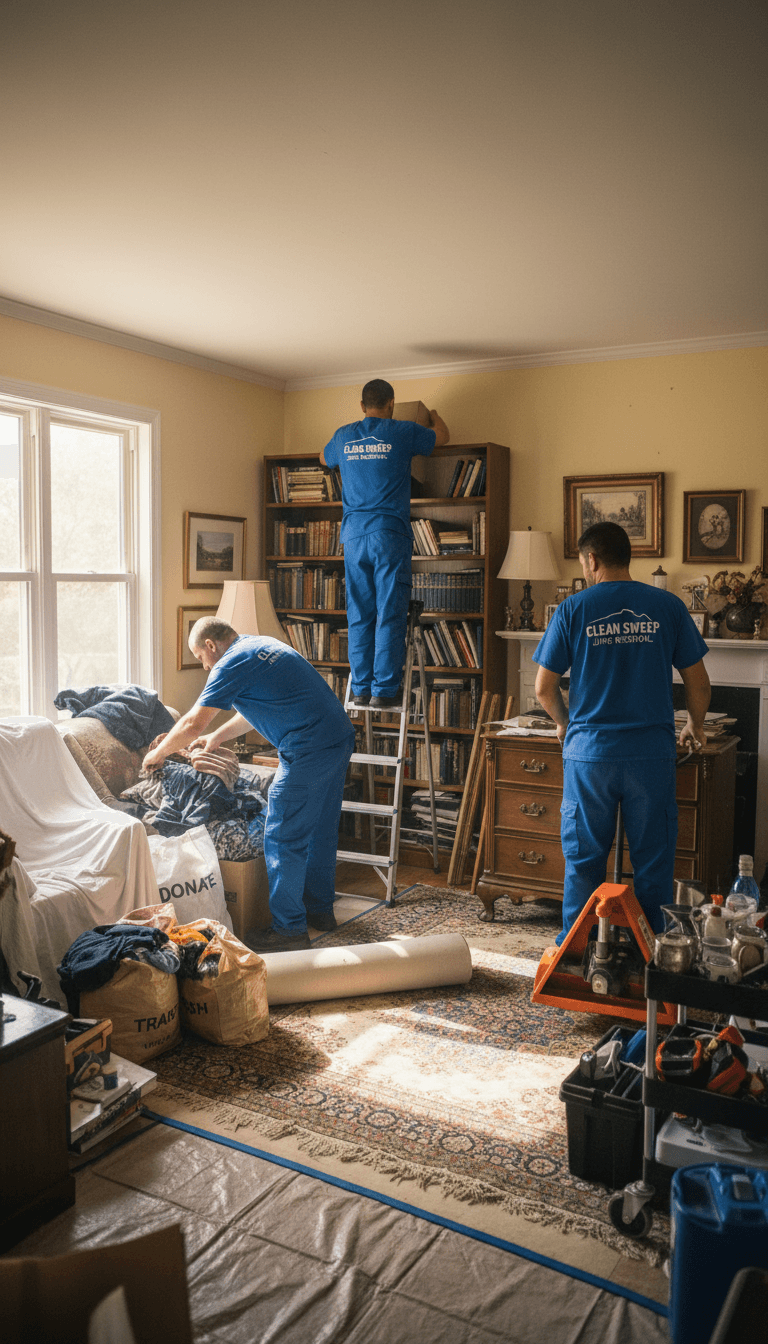 D-Clutter crew efficiently sorting and removing items during an estate cleanout in Los Angeles