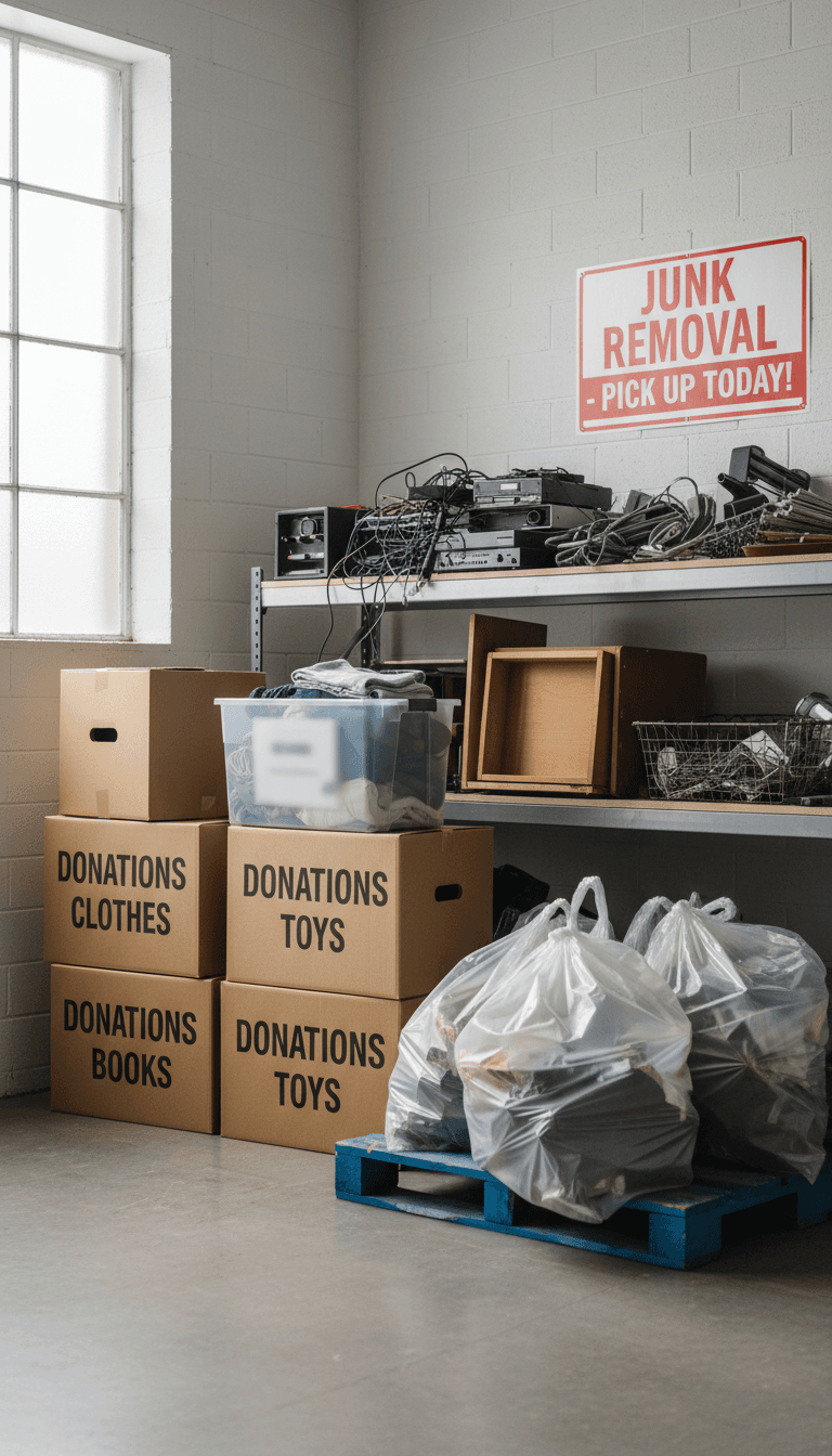Estate items sorted and organized for removal and donation