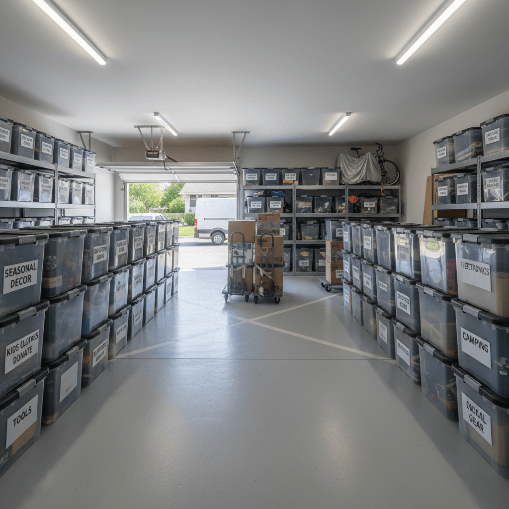 Organized garage space with labeled boxes and clear pathways
