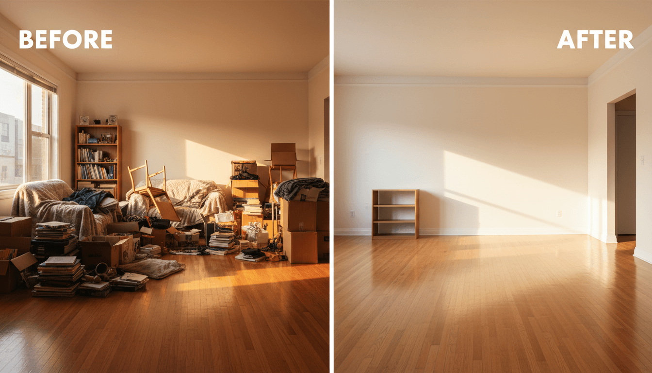 Before and after junk removal transformation showing cluttered room cleared to empty space