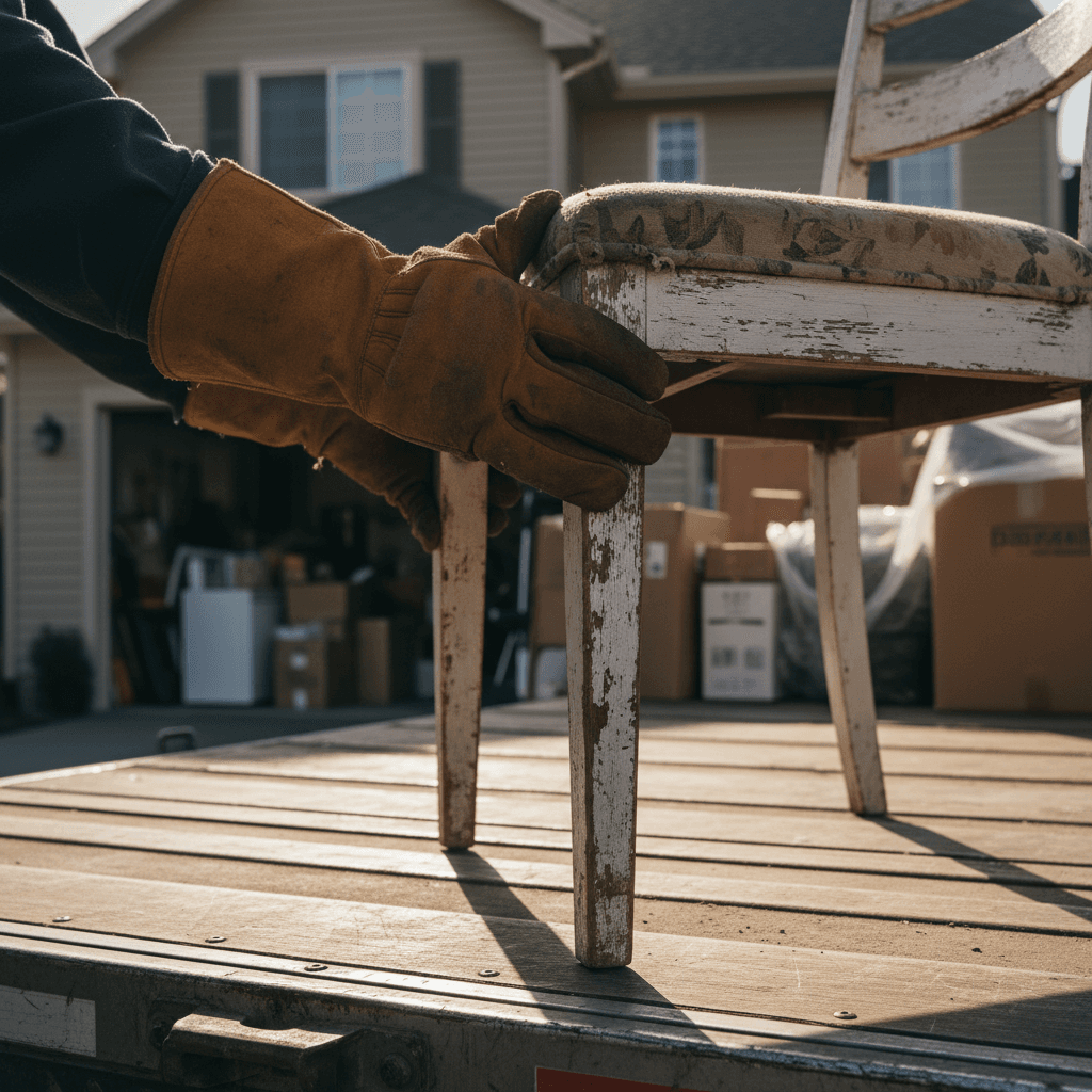 Worker's gloved hands carefully loading wooden chair into cargo truck bed during residential property clearance