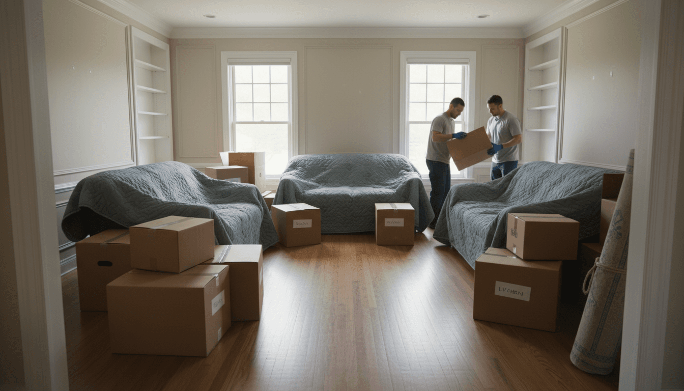 Residential living room filled with moving boxes, furniture covered in blankets, workers organizing items during move