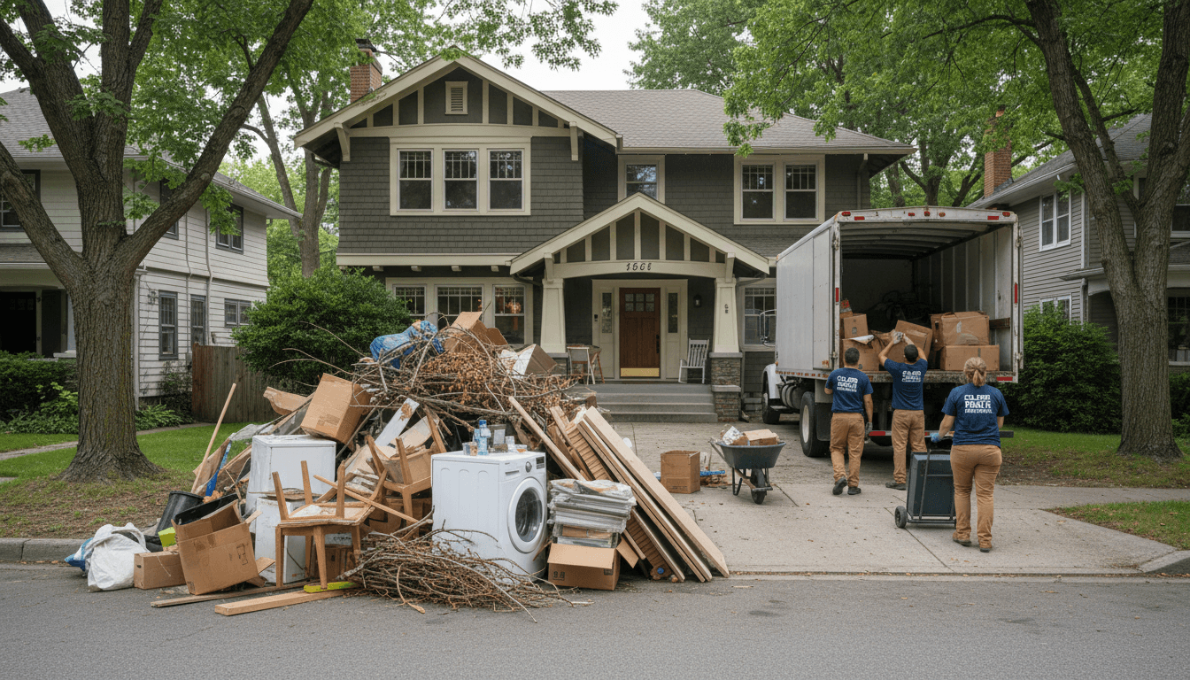 Professional junk removal crew loading diverse items into truck while clearing cluttered residential driveway in afternoon light
