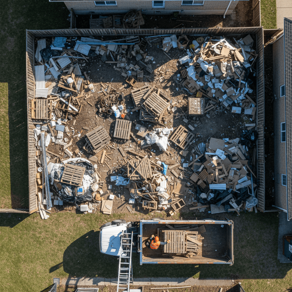 Overhead view of debris-filled backyard during construction cleanup, with worker loading materials into removal truck