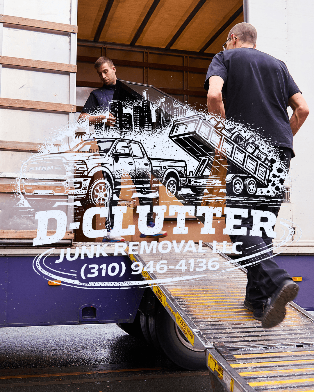 Men loading a truck, D-CLUTTER Junk Removal logo with truck, skyline, and dumpster.
