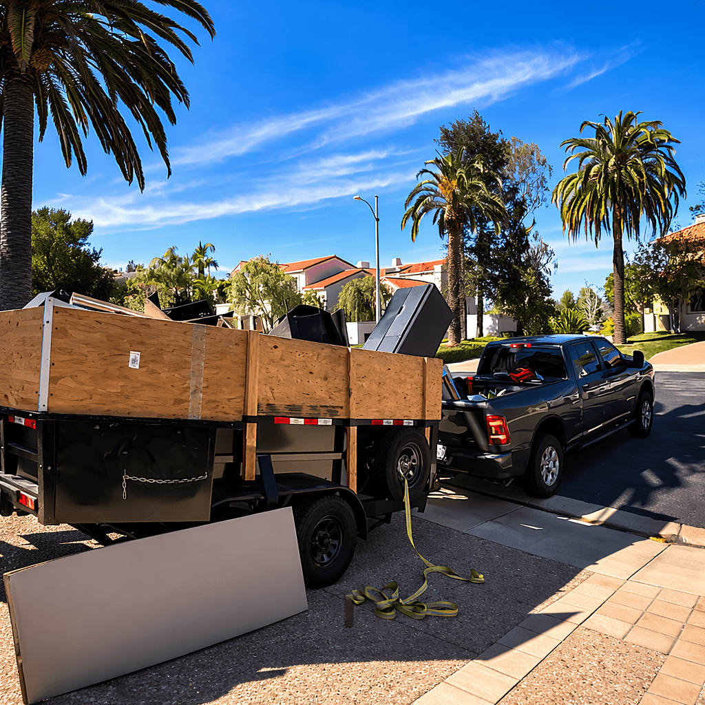 Black pickup truck towing a trailer overflowing with debris on a sunny residential street.